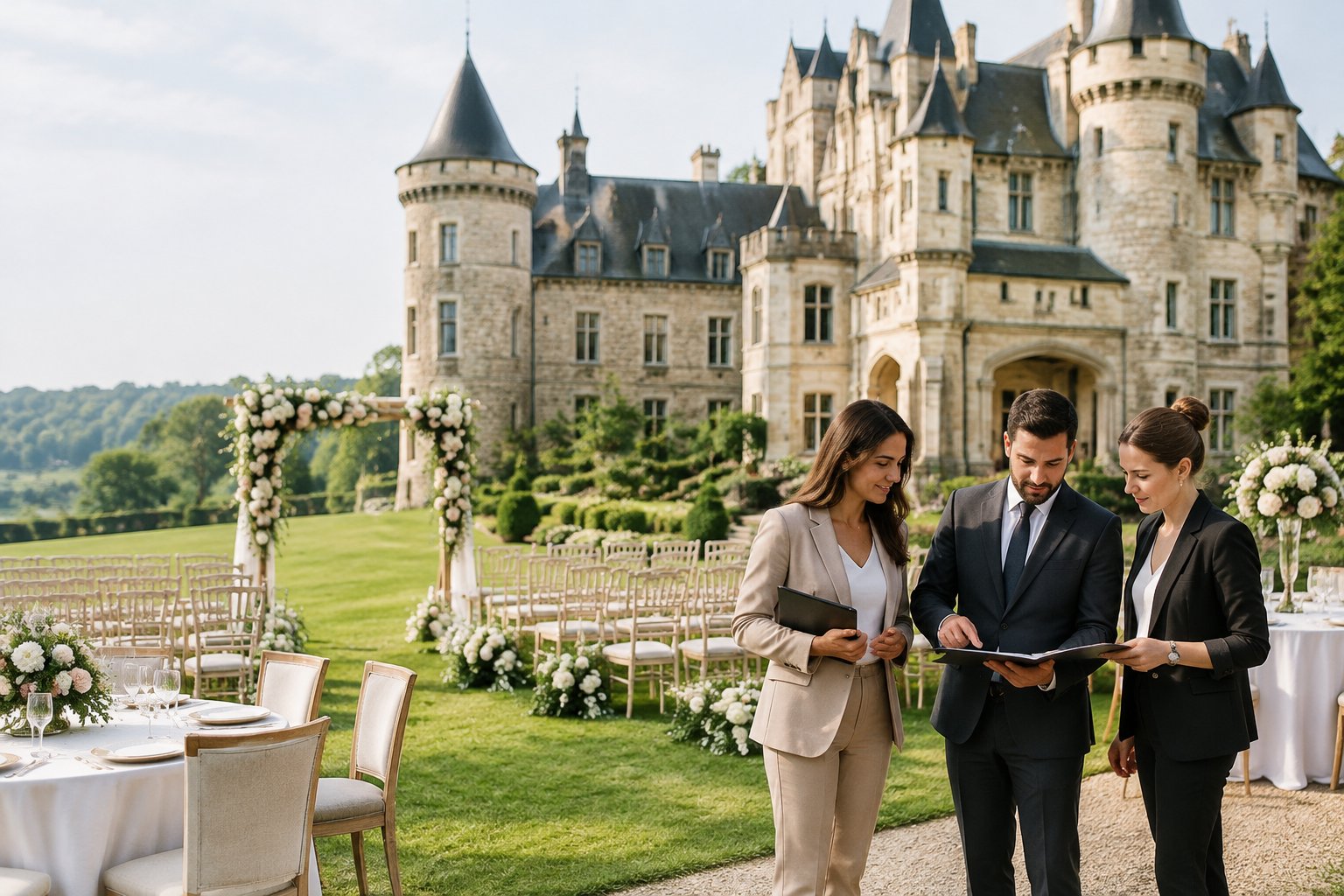A wedding planner and couple review plans beside a ceremony setup at a castle venue.