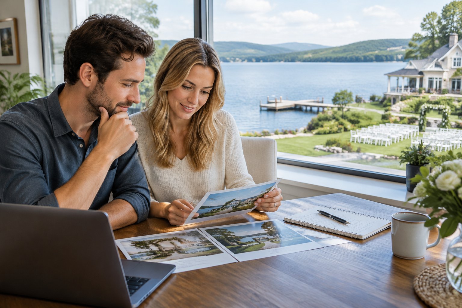 A couple reviews wedding venue photos on a laptop beside a window overlooking a lake.