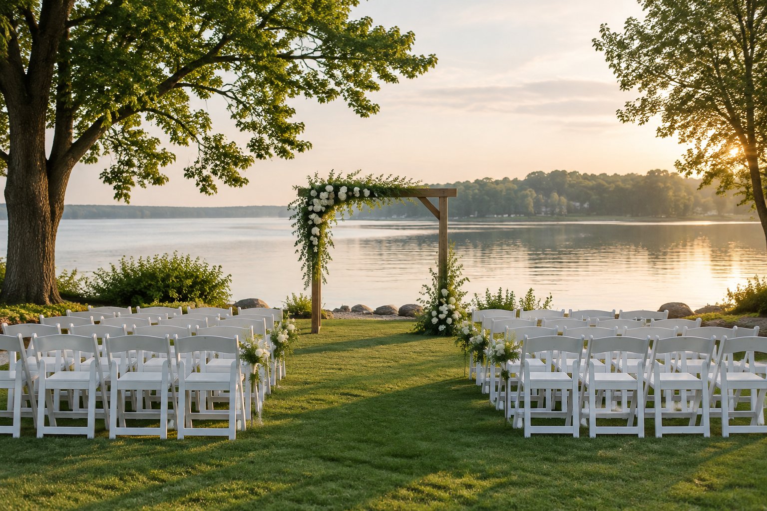 A wedding ceremony setup with white chairs and a flower-adorned arch beside a calm lake.