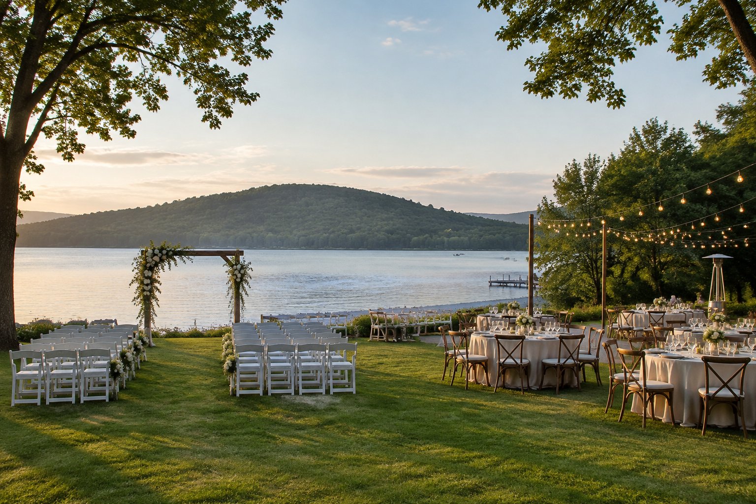 A lakeside wedding ceremony setup beside a reception area with tables and string lights.