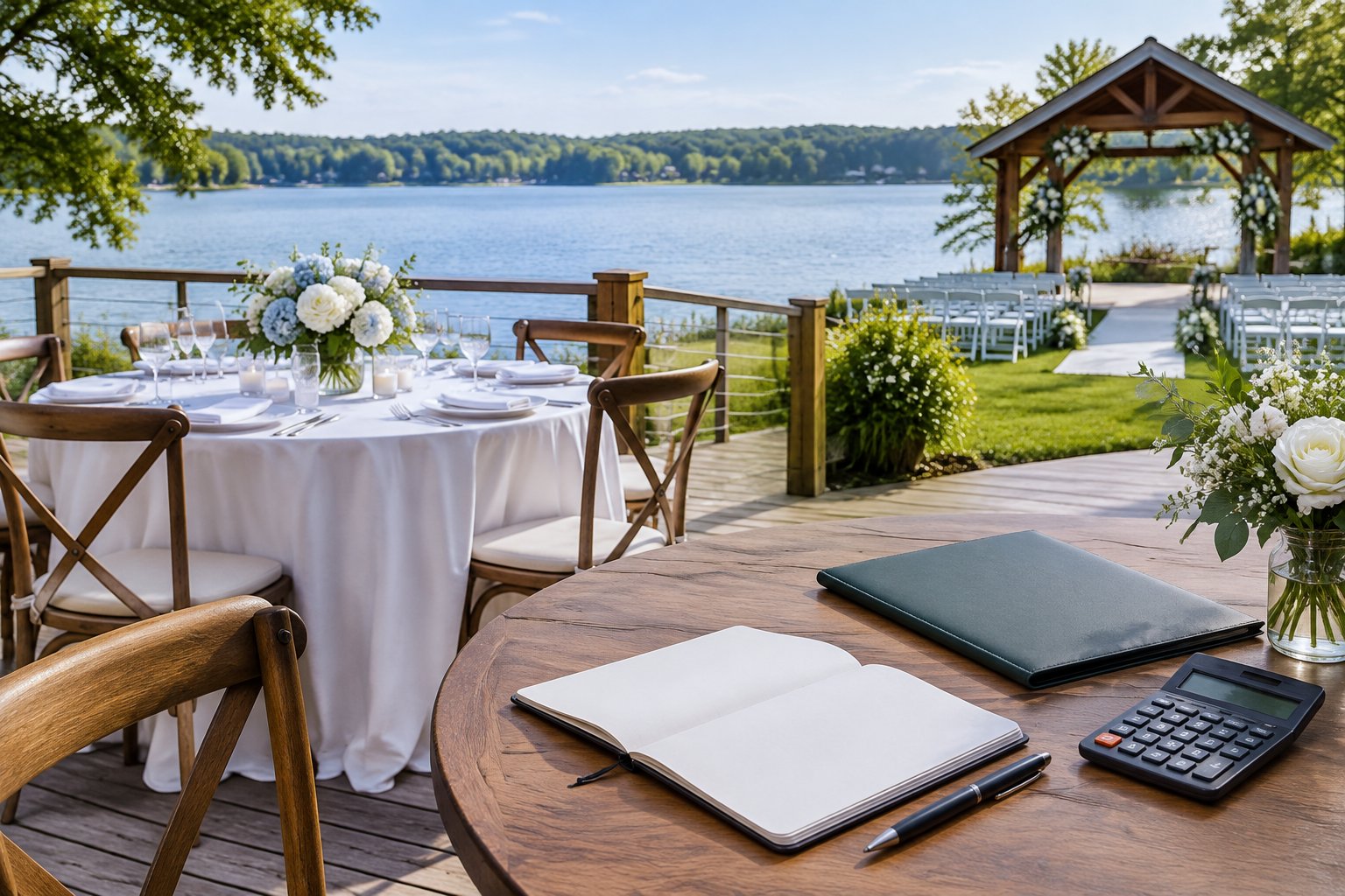 A wedding reception table beside a lake with booking materials nearby.