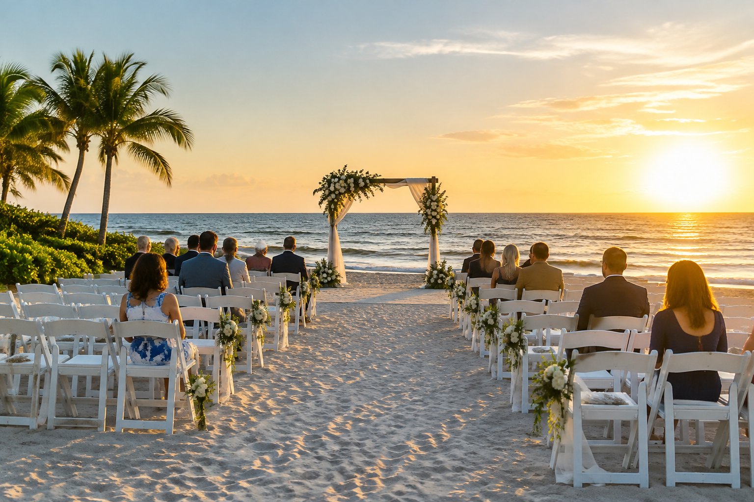 A beachfront wedding ceremony with rows of chairs facing a floral arch beside the ocean.