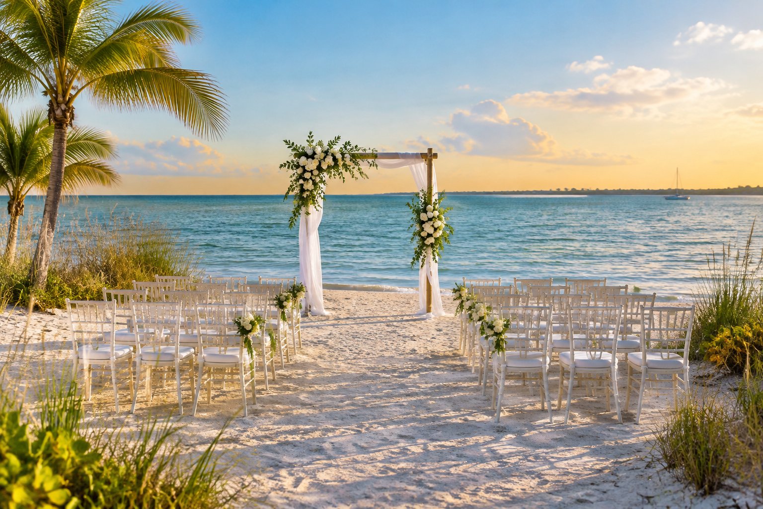 A wedding ceremony setup on a sandy beach beside calm blue water.