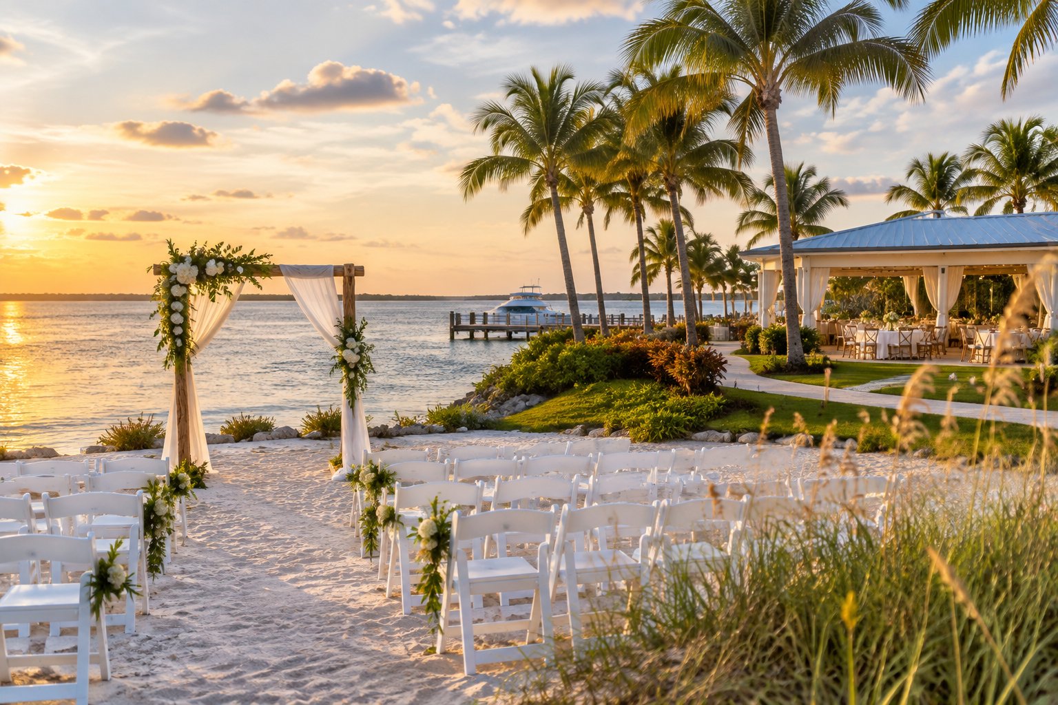 A beachside wedding ceremony setup with white chairs, flowers, palm trees, and calm water.
