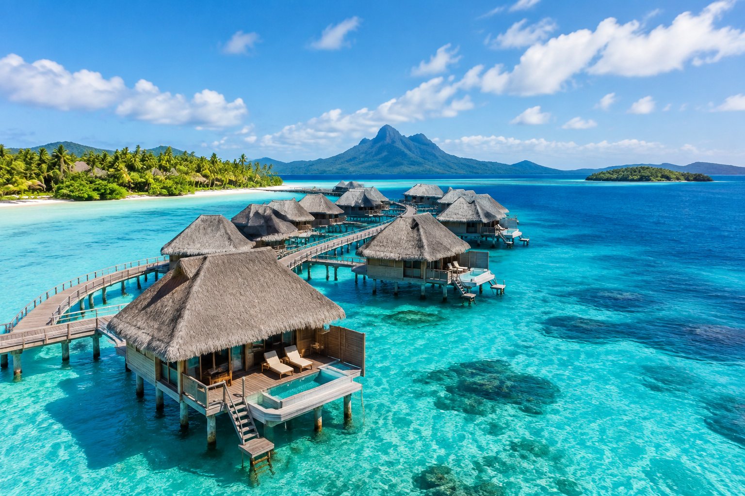 Overwater bungalows line a boardwalk above a tropical lagoon, with islands in the distance.