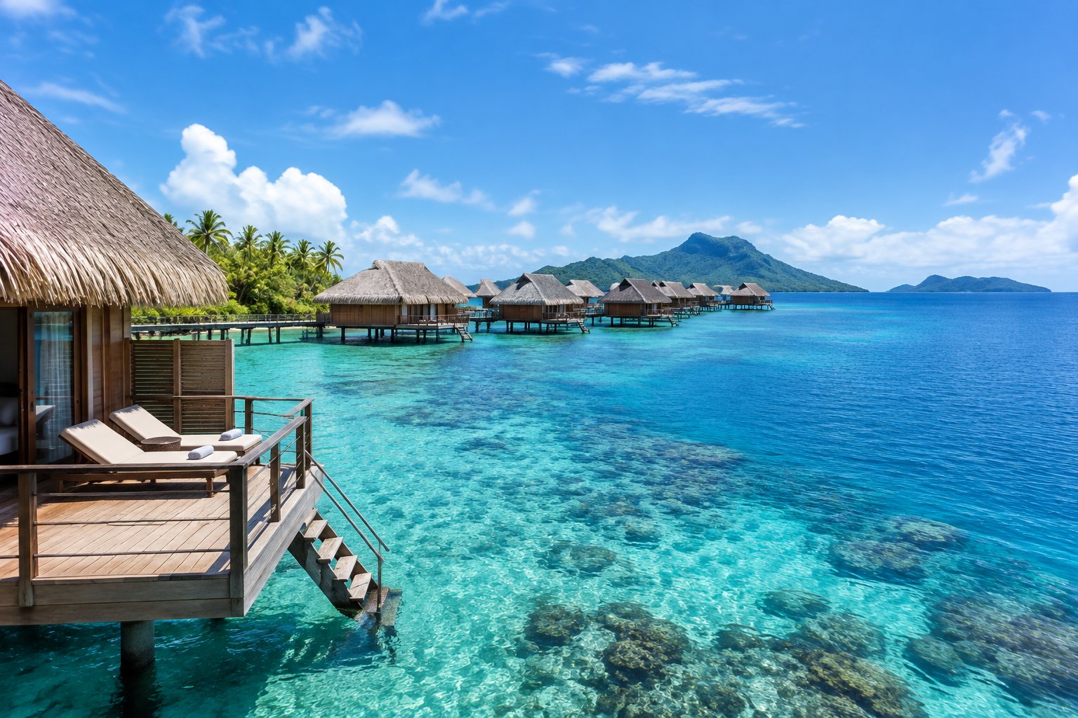 Overwater bungalows extend across a clear turquoise lagoon beside a tropical island.