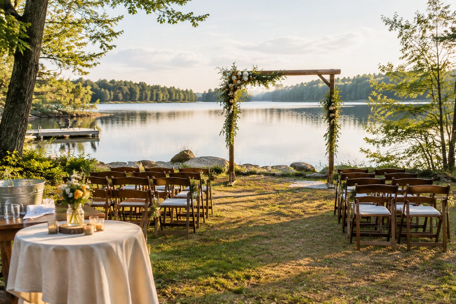 A simple wedding ceremony setup beside a calm lake.
