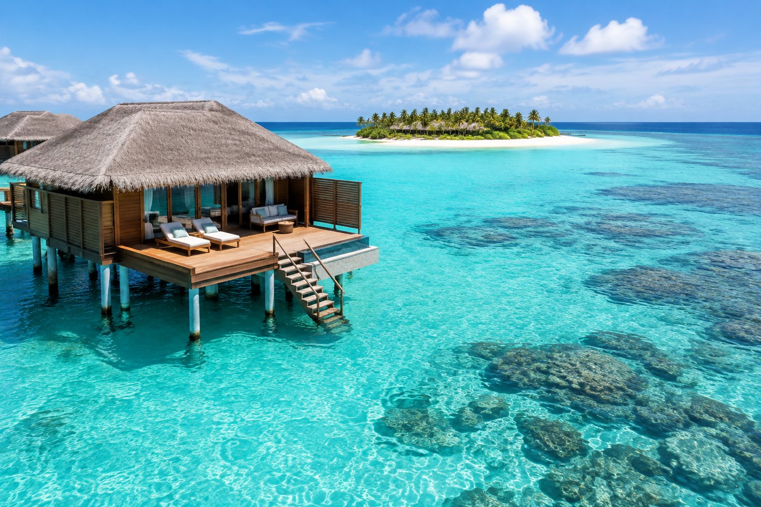 An overwater bungalow above a turquoise Maldivian lagoon, with a palm-covered island and reef nearby.