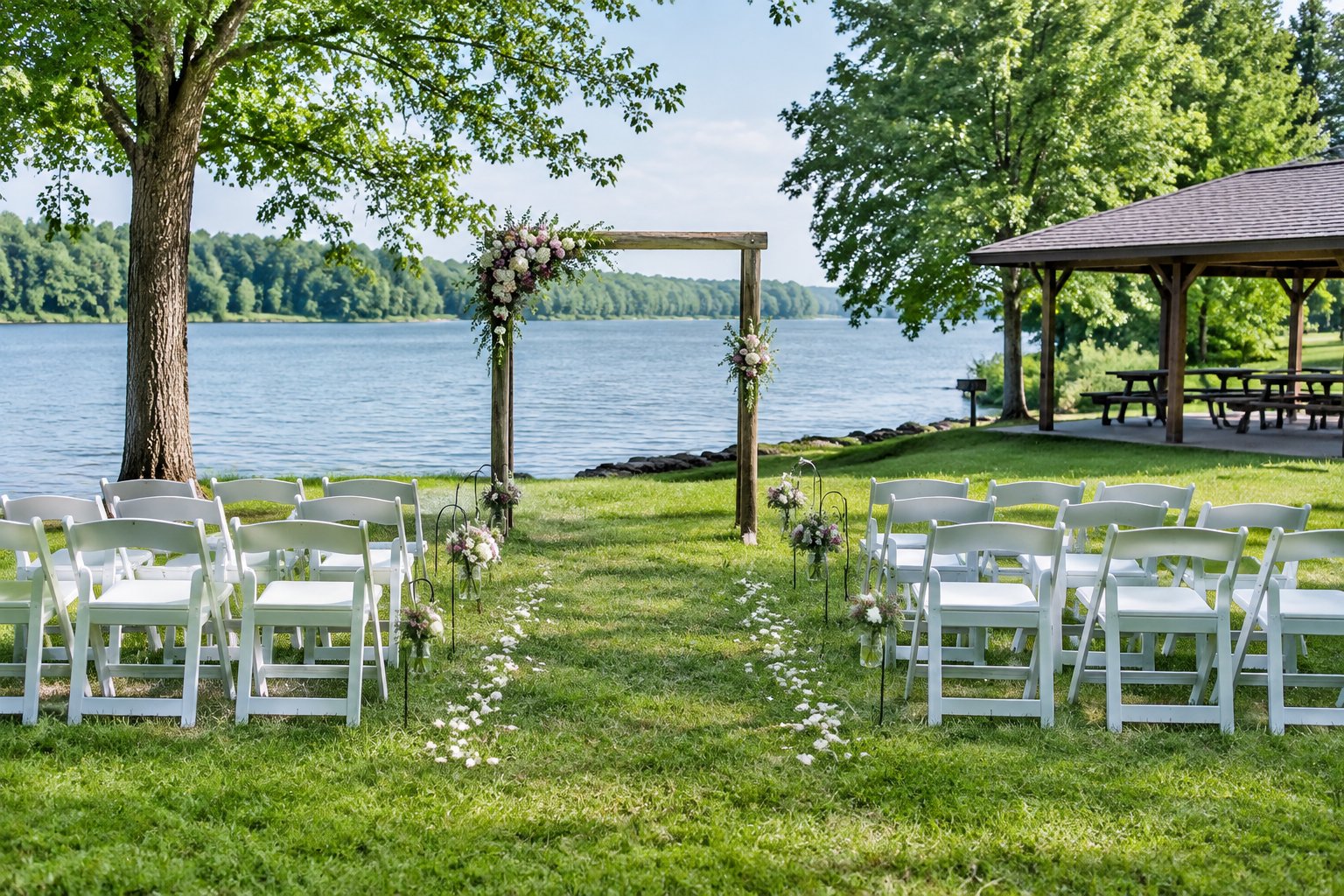 A simple wedding ceremony setup beside a calm lake.