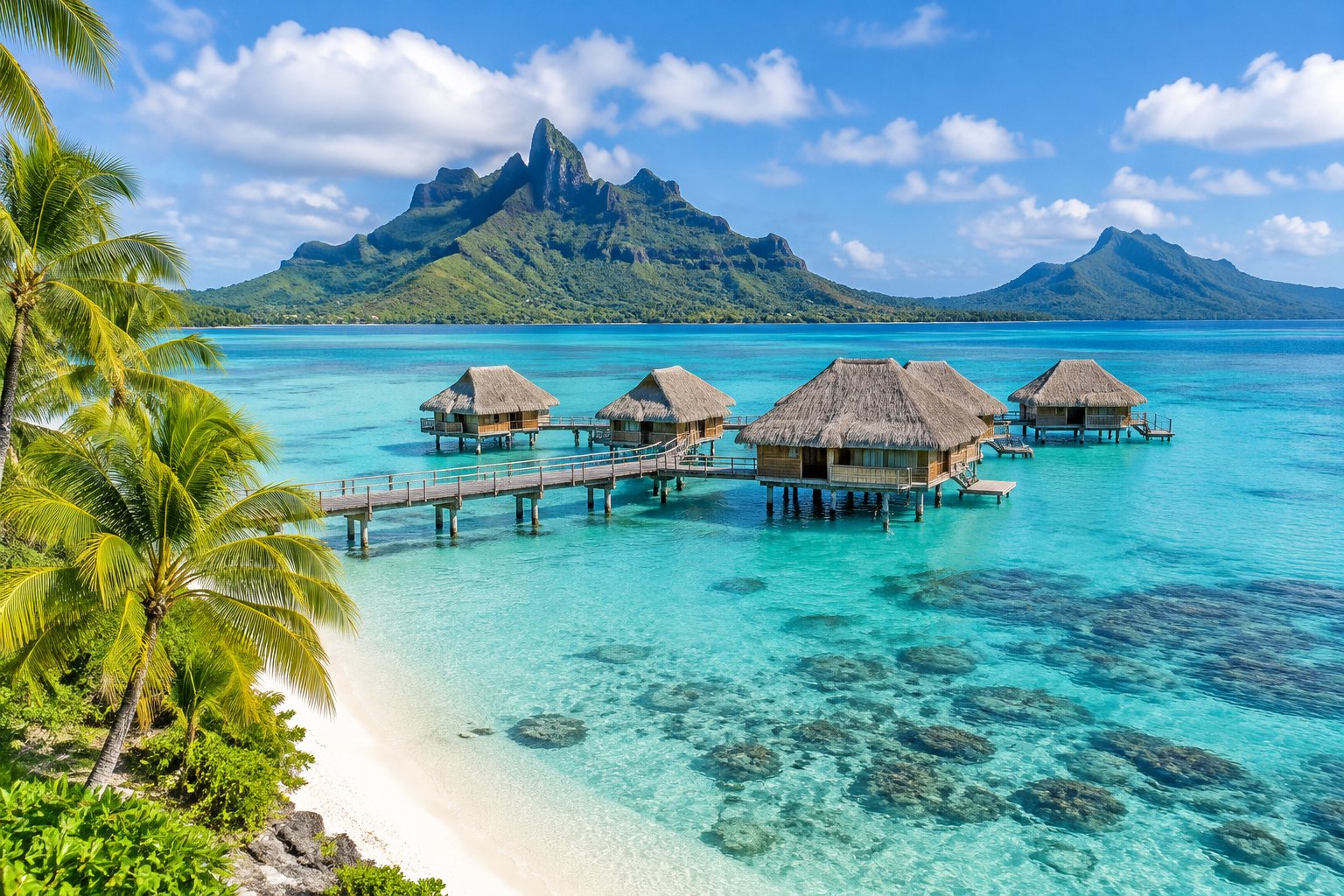 Overwater bungalows sit above a turquoise lagoon beneath lush volcanic mountains.