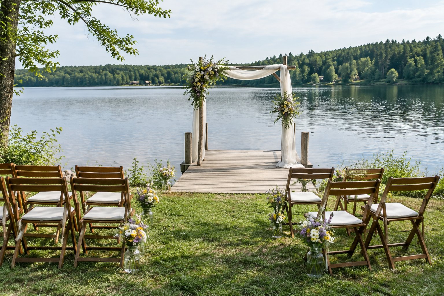 A simple wedding ceremony setup beside a calm lake.