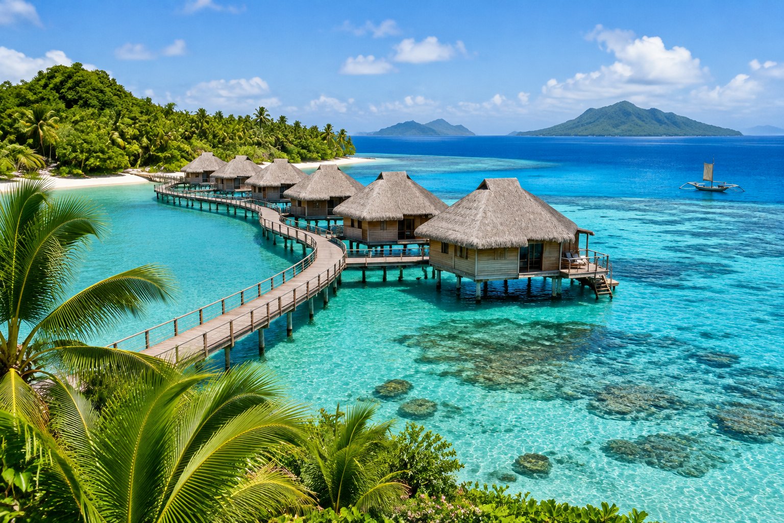 Overwater bungalows and a wooden walkway above a turquoise lagoon beside a lush tropical island.