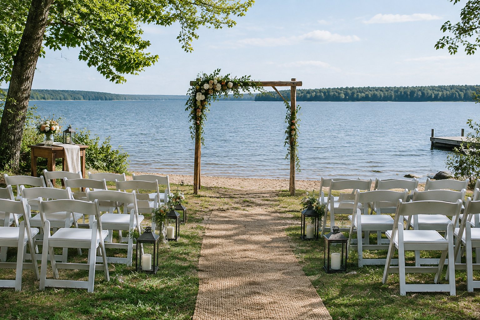 A simple wedding ceremony setup beside a lake, with an arbor and rows of chairs.