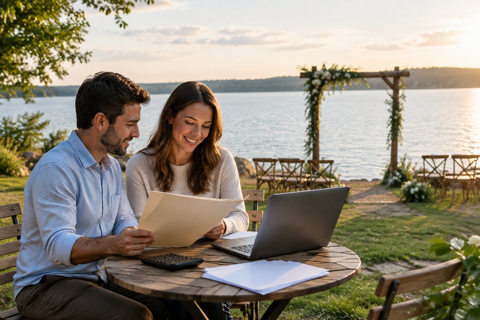 A couple reviews wedding venue options at a table beside a lake.