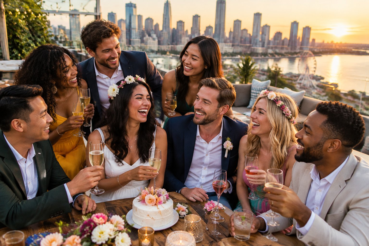 A group of friends celebrates together at a rooftop venue overlooking the city.