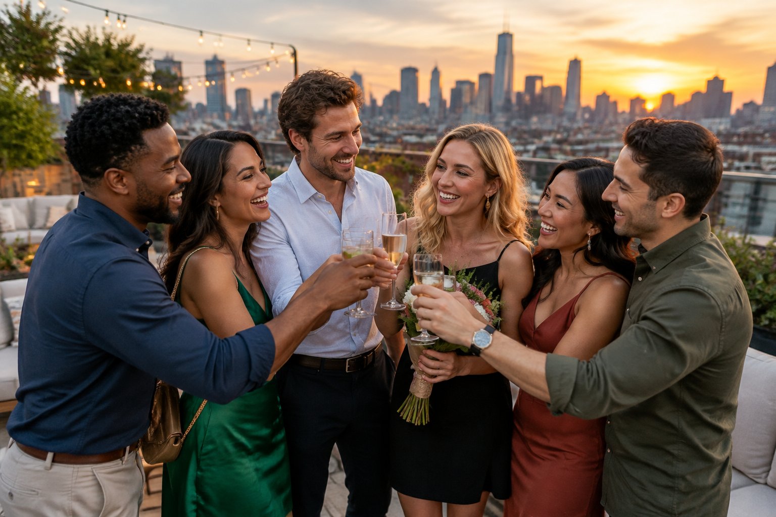 A group of friends toasts together on a city rooftop.