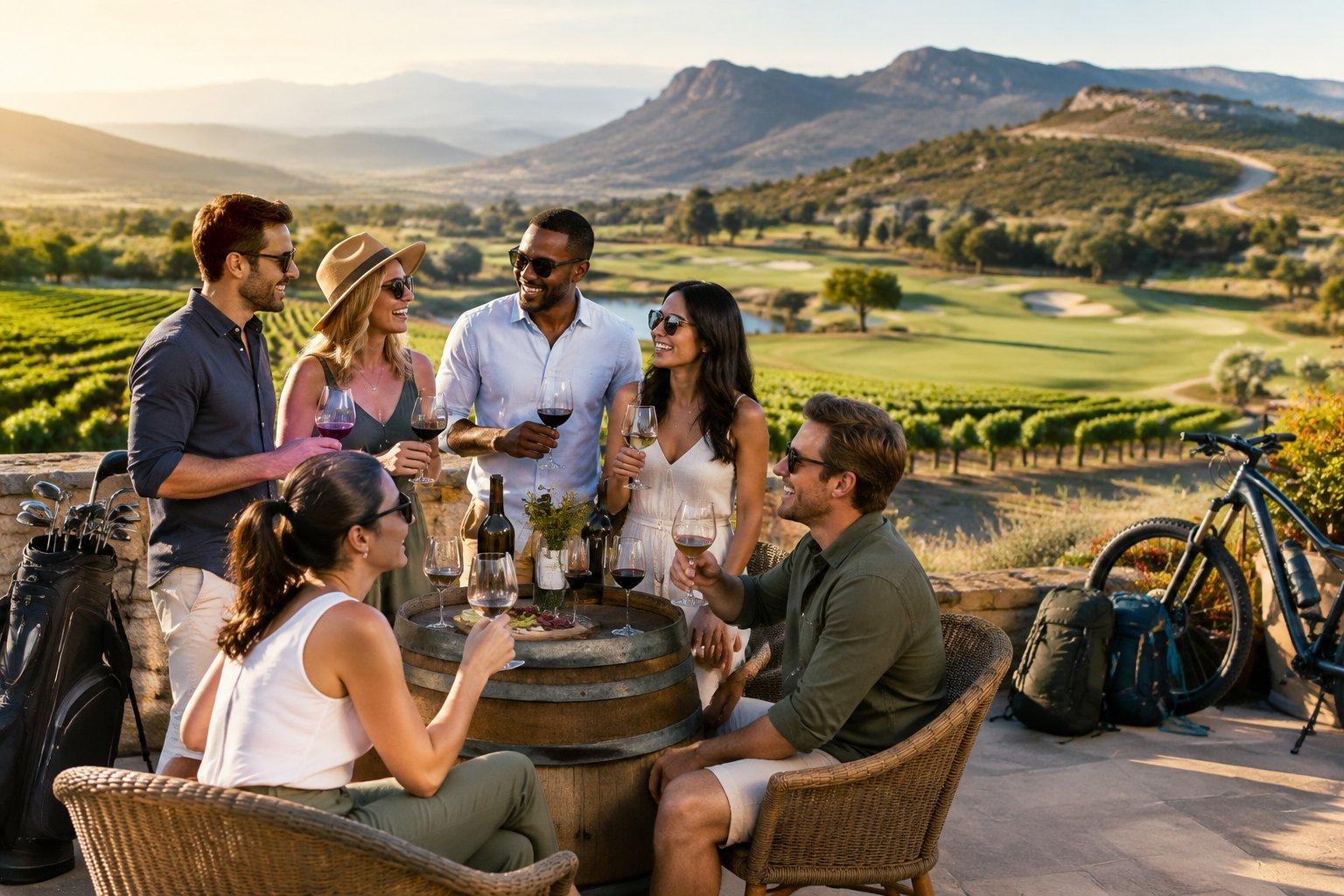 A group of friends celebrates on a vineyard terrace overlooking a golf course and distant hills.