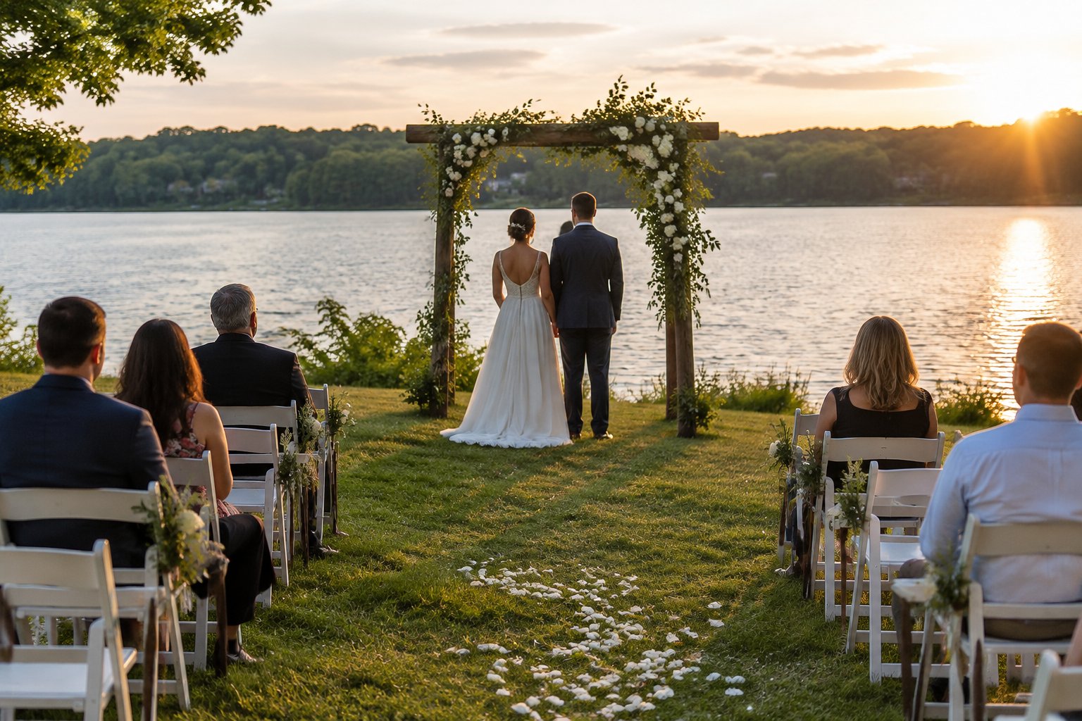 A couple stands beneath a flower-decorated arbor beside a lake as guests sit in folding chairs.