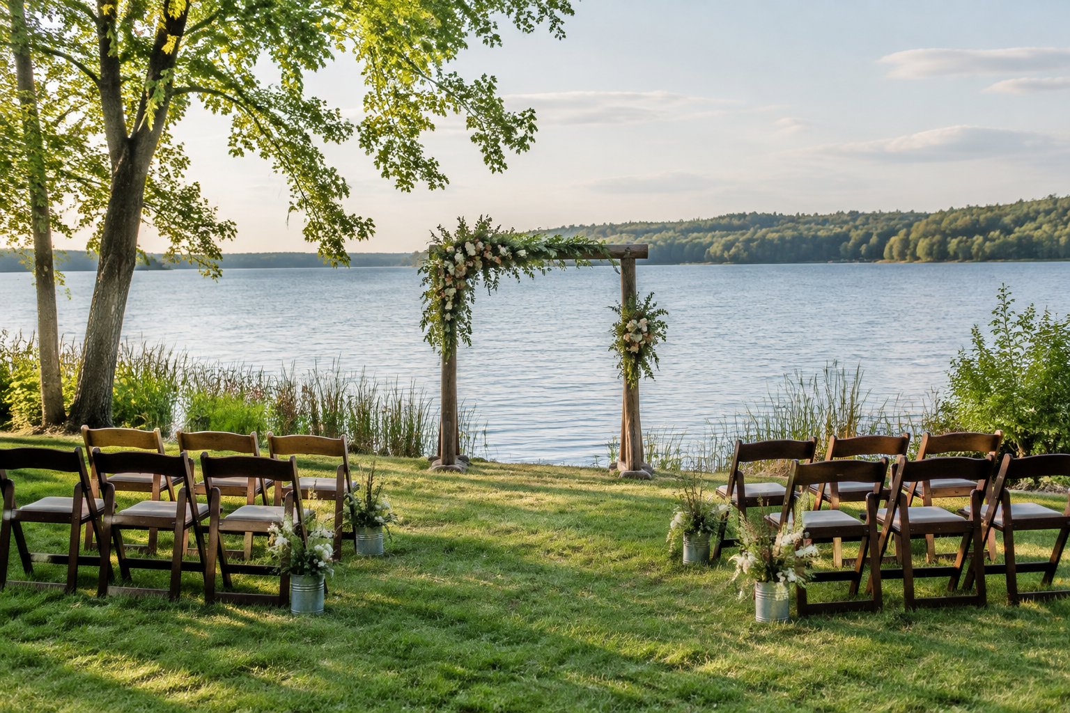 A simple wedding ceremony setup beside a calm Minnesota lake.