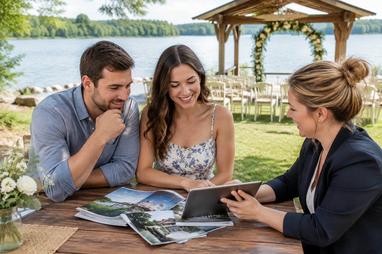 A couple and a coordinator review venue options beside a simple wedding setup by a lake.