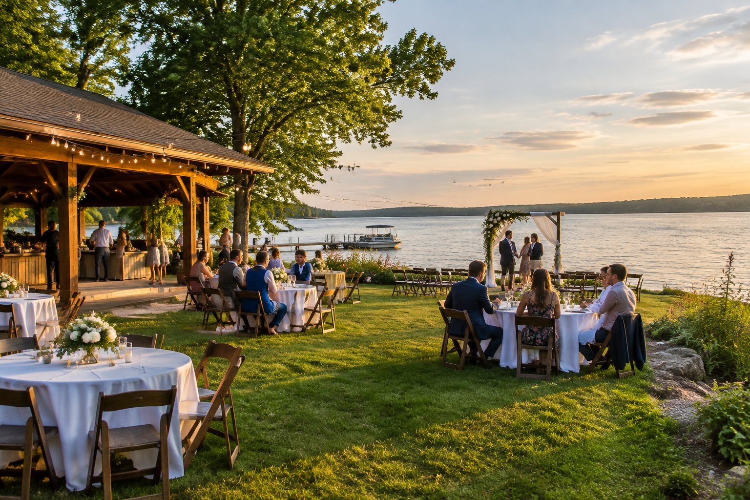 An intimate wedding reception set beside a calm lake.