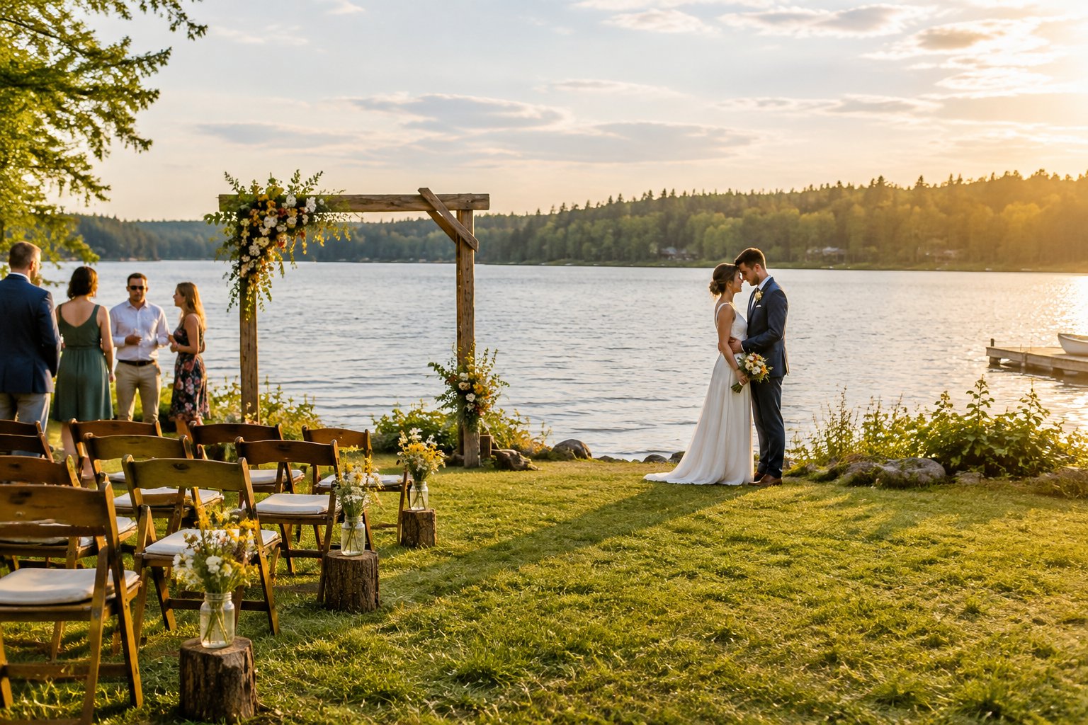 A couple celebrates a small wedding beside a lake with a simple flower-decorated arch and a few guests.