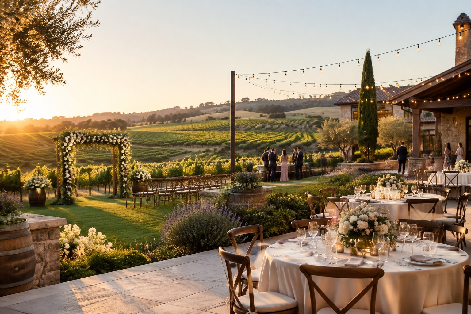 A wedding reception beside a winery, surrounded by vineyard rows and rolling hills.