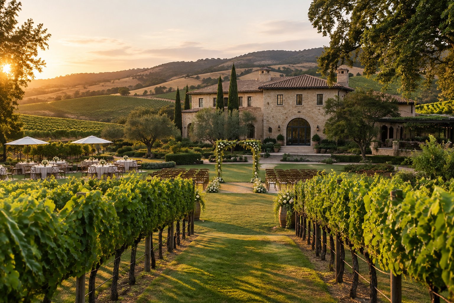 A vineyard estate with rows of grapevines and an outdoor wedding ceremony area.