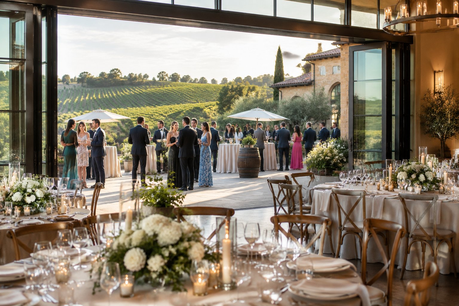 Wedding guests celebrate between a winery reception hall and vineyard terrace.