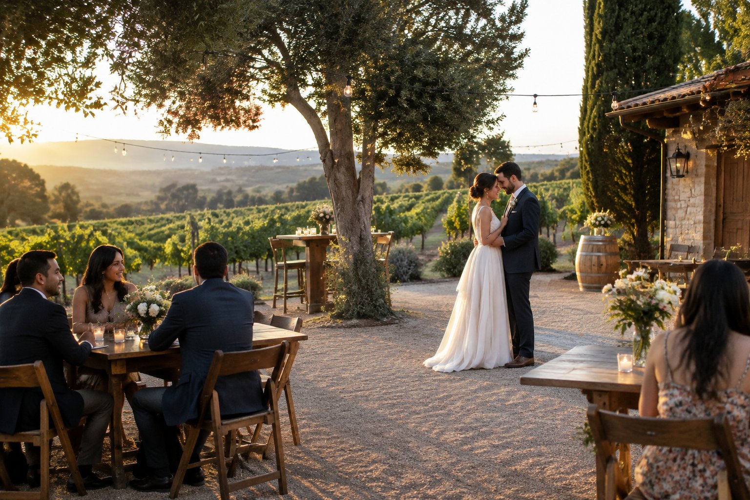 A couple and a small group of guests celebrate a wedding in a vineyard courtyard.