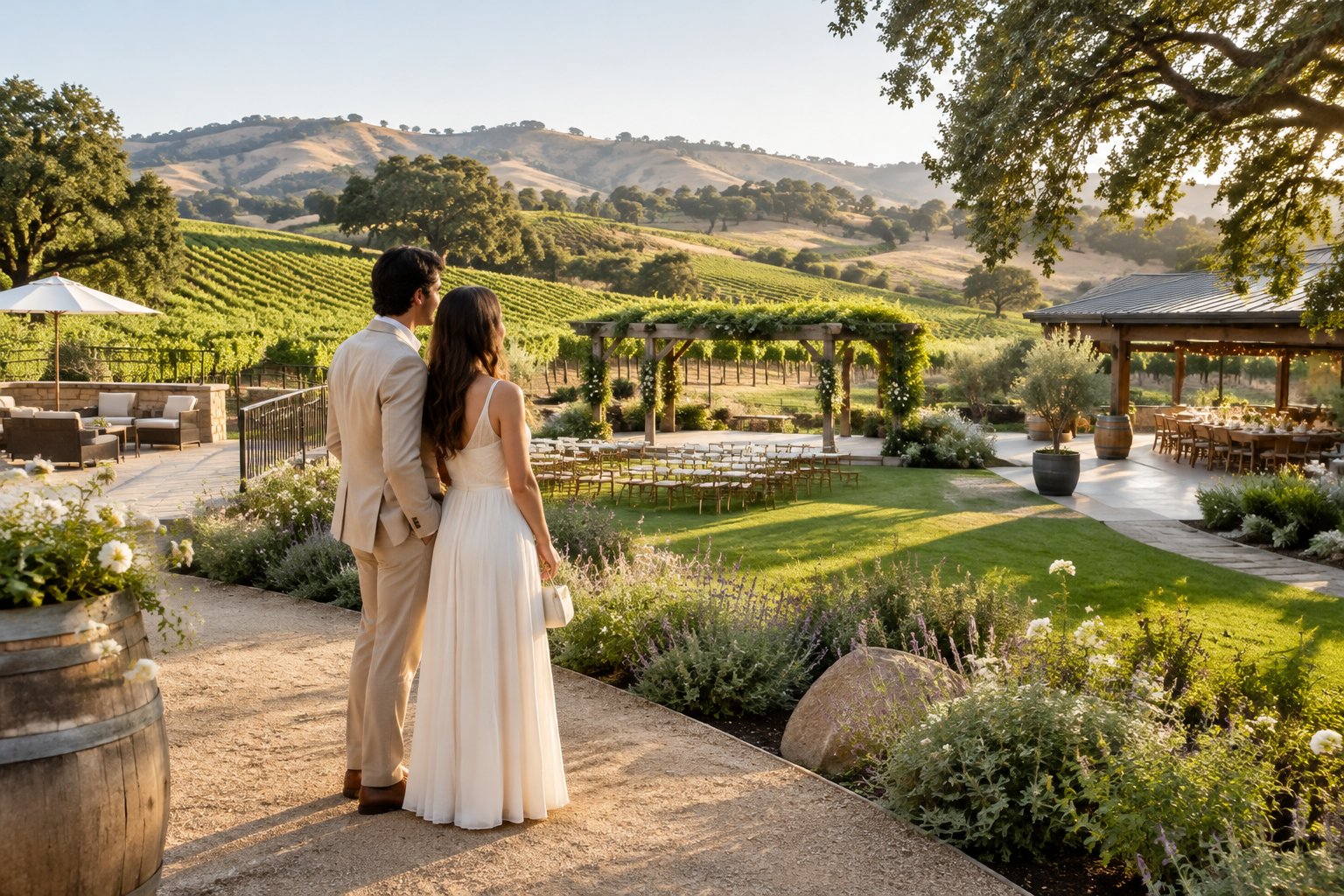 A couple explores an outdoor vineyard wedding venue among grapevines and rolling hills.