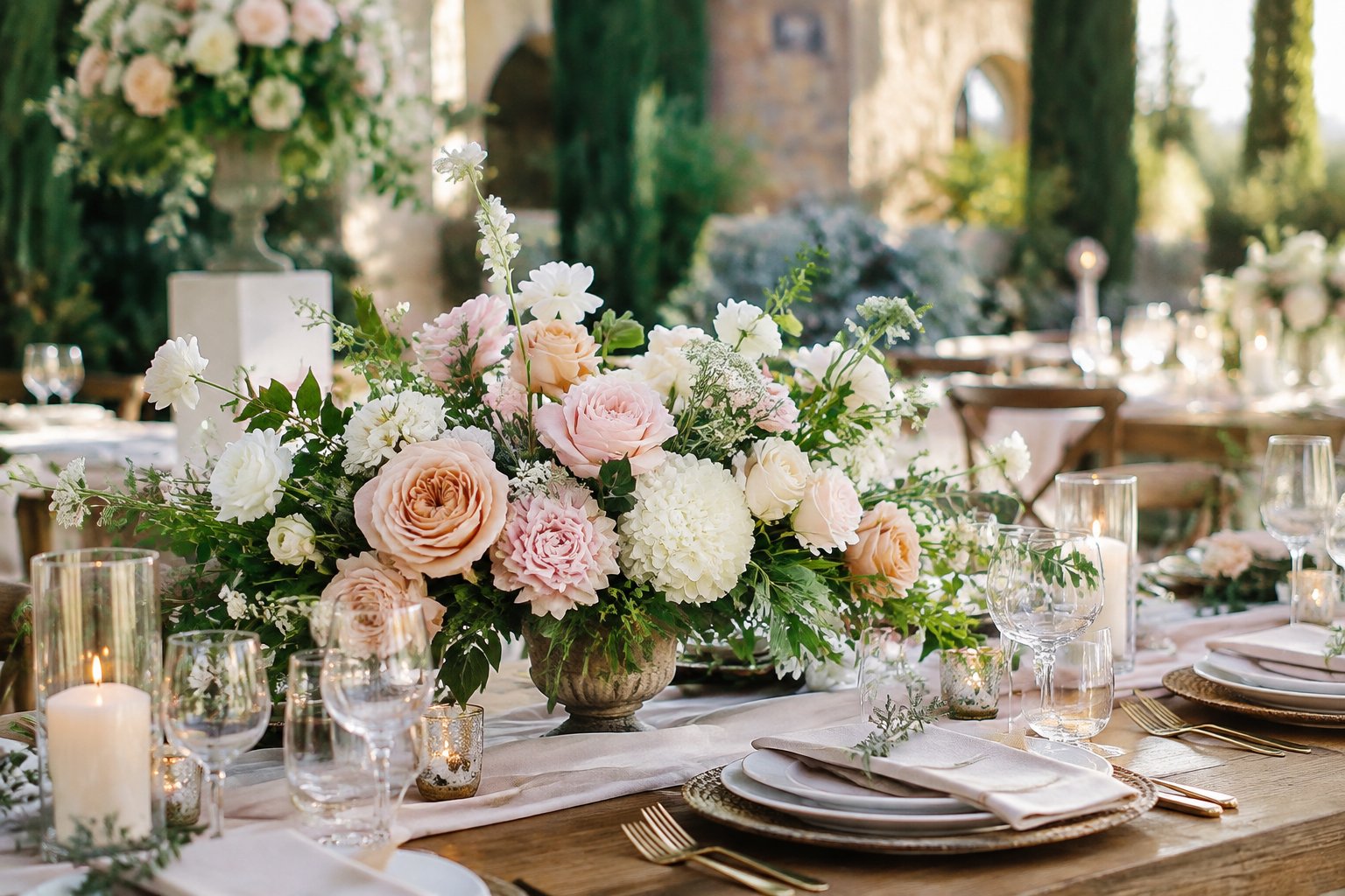 A wedding reception table decorated with flowers, candles, and elegant place settings.