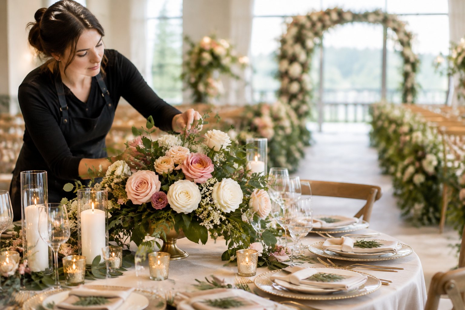 A florist arranges flowers beside a decorated wedding reception table.