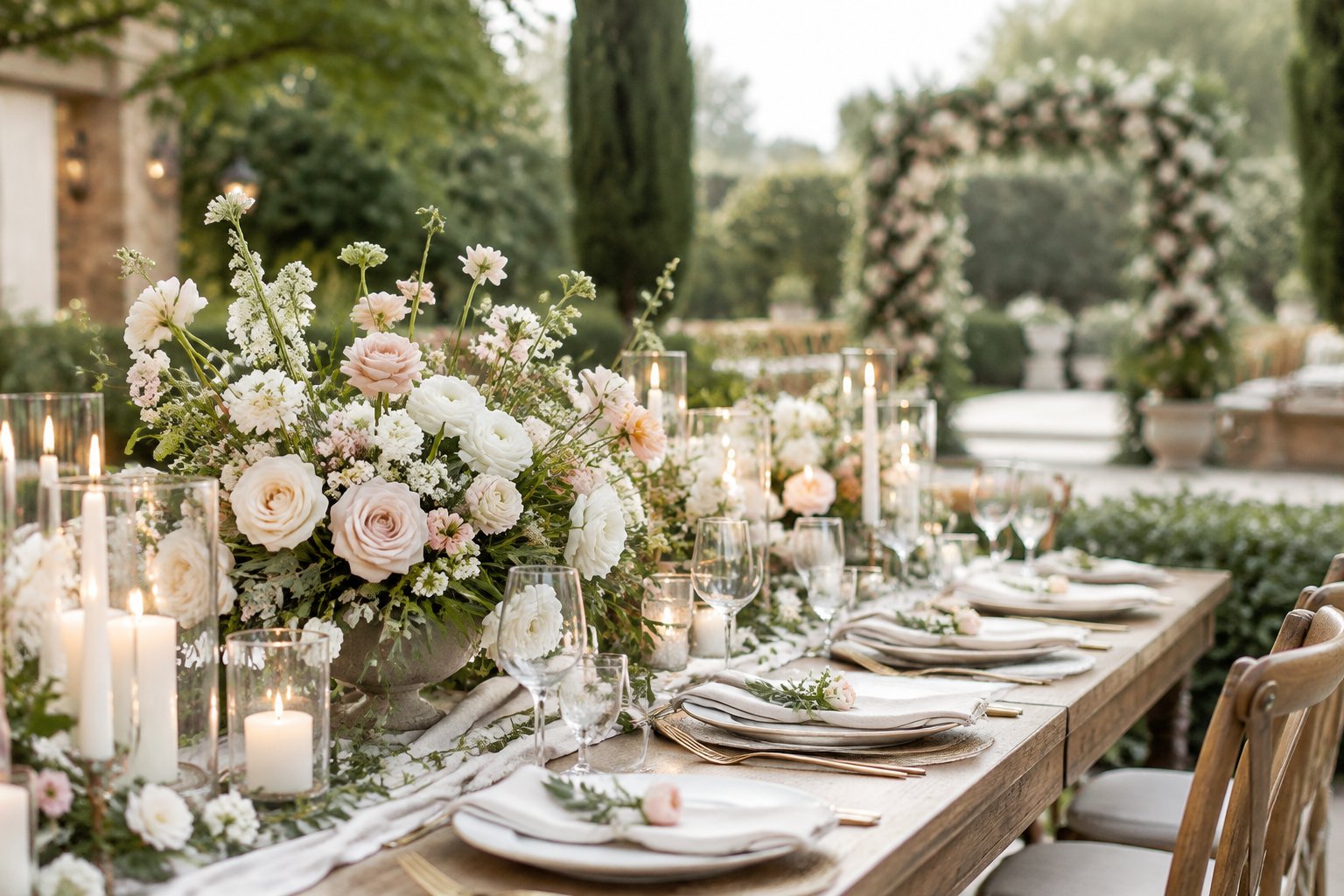 A wedding reception table decorated with flowers, candles, and elegant place settings.