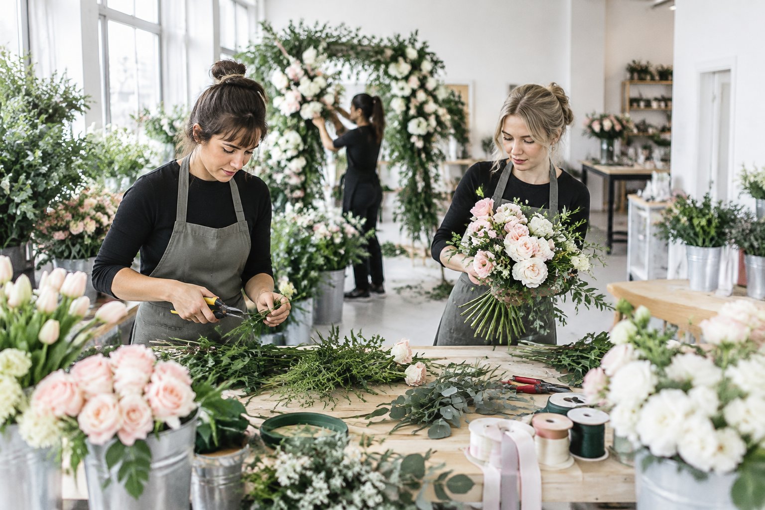 Florists prepare wedding flowers and décor in a bright studio.