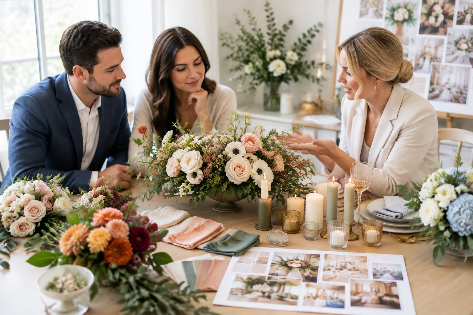 A couple discusses wedding flowers and decor with a planner.