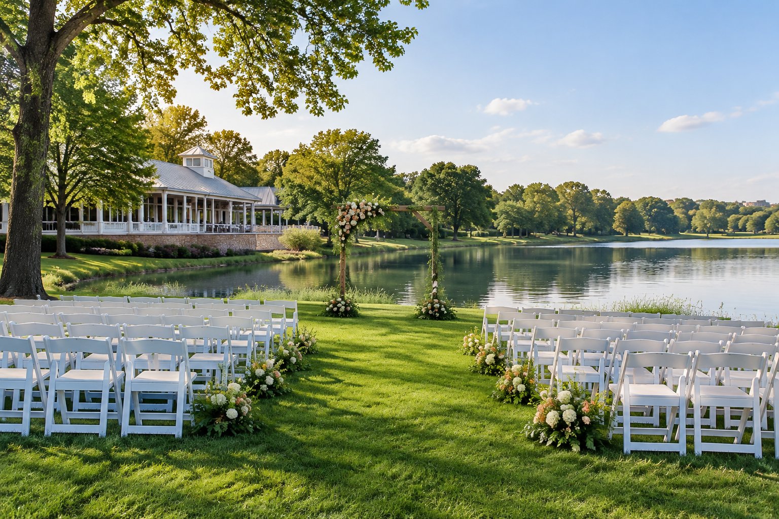A wedding ceremony setup on a lawn beside a lake.