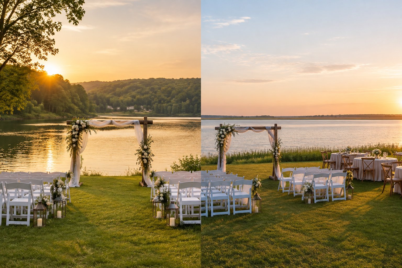 An outdoor wedding ceremony set beside a calm lake.