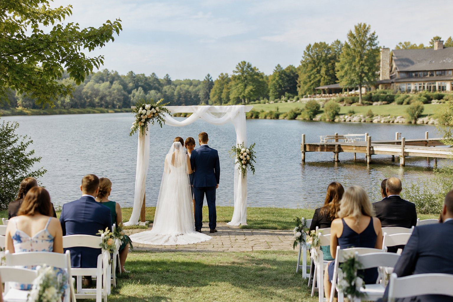 A wedding ceremony setup beside a calm lake.
