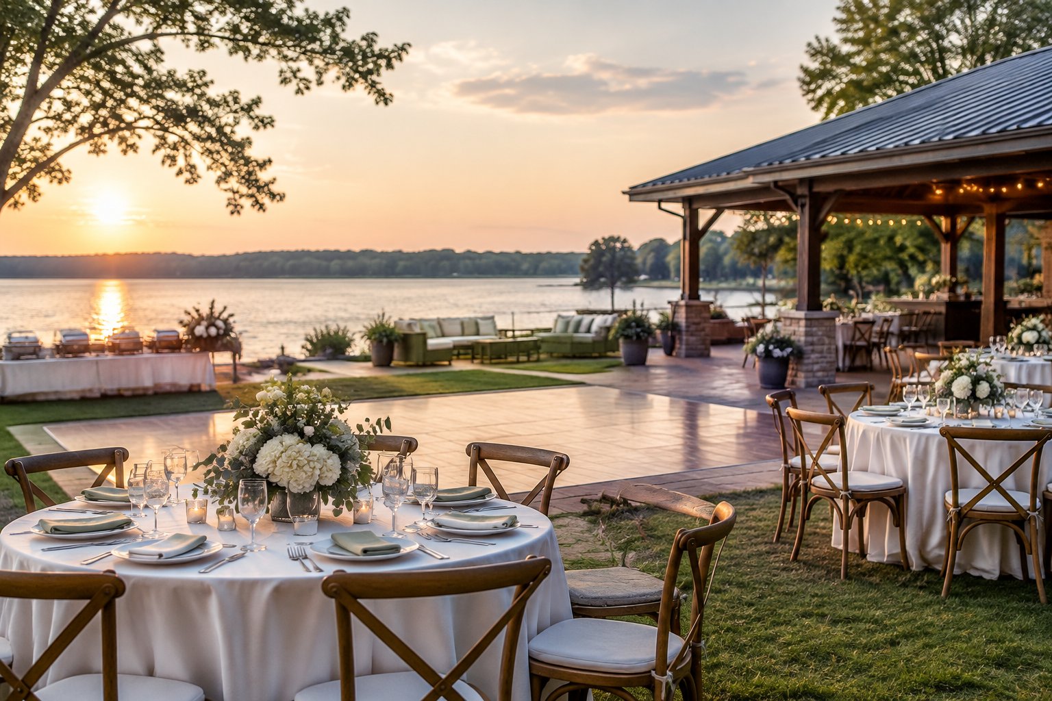 A lakeside wedding reception setup beside a calm lake.