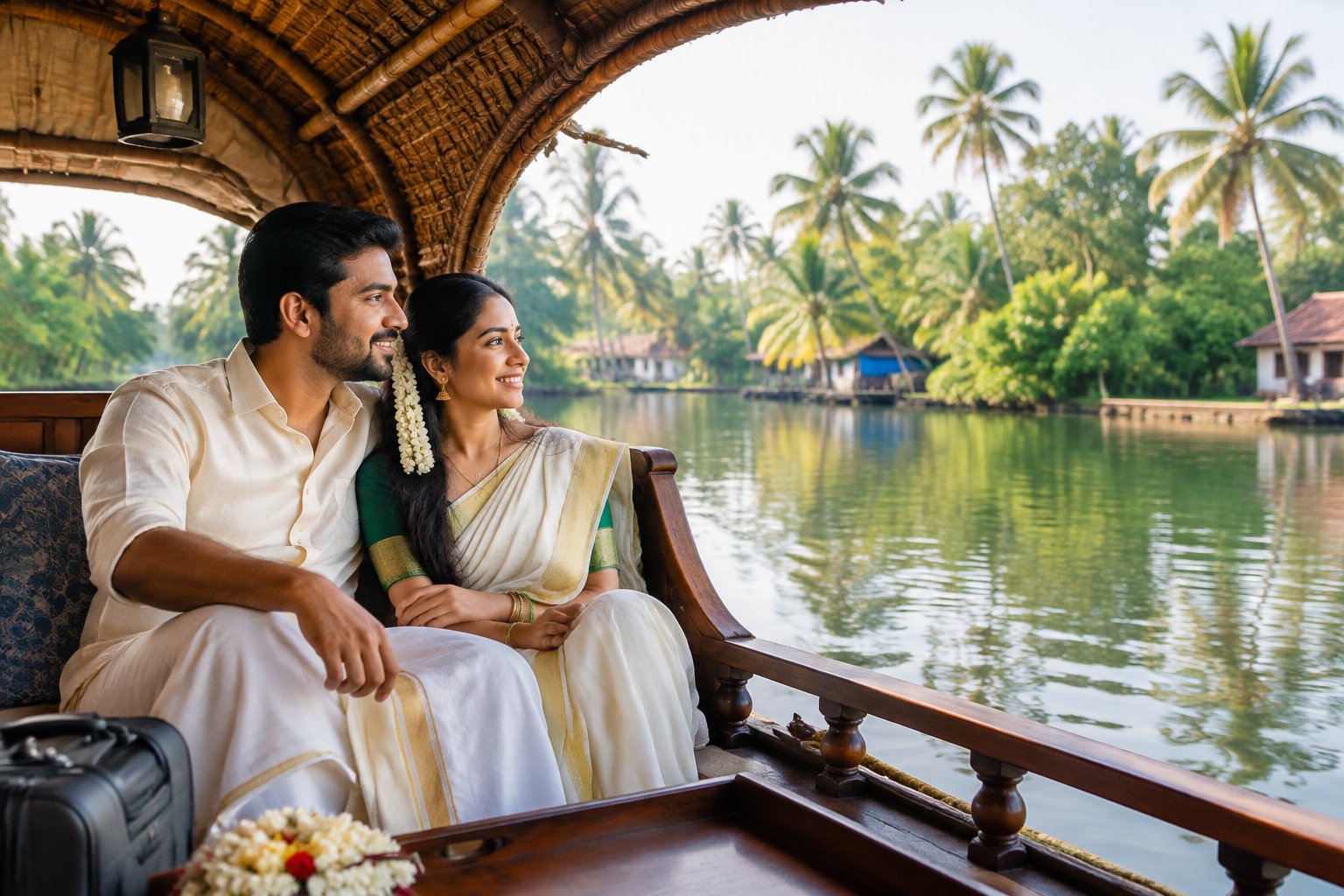 A couple sits together on a houseboat amid Kerala’s palm-lined backwaters.