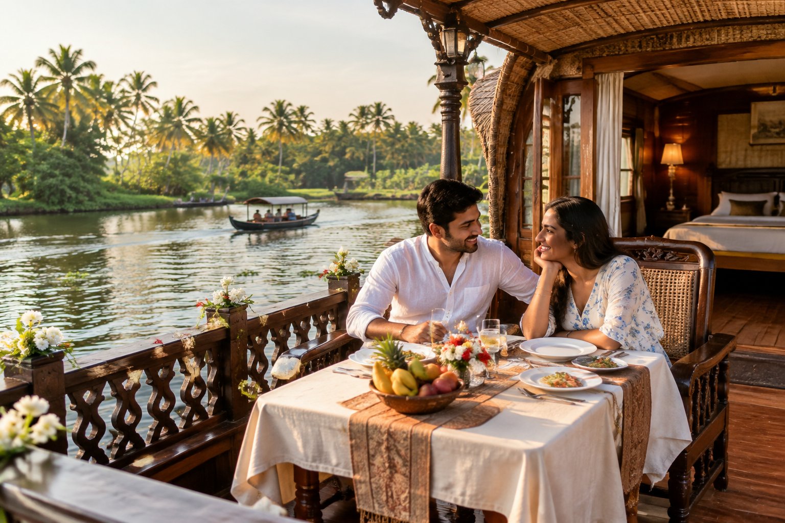 A couple enjoys a meal together aboard a houseboat on Kerala’s palm-lined backwaters.