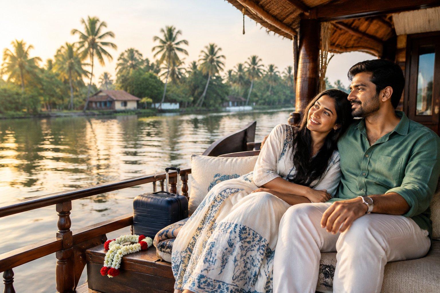 A couple relaxes together on a houseboat in Kerala’s palm-lined backwaters.