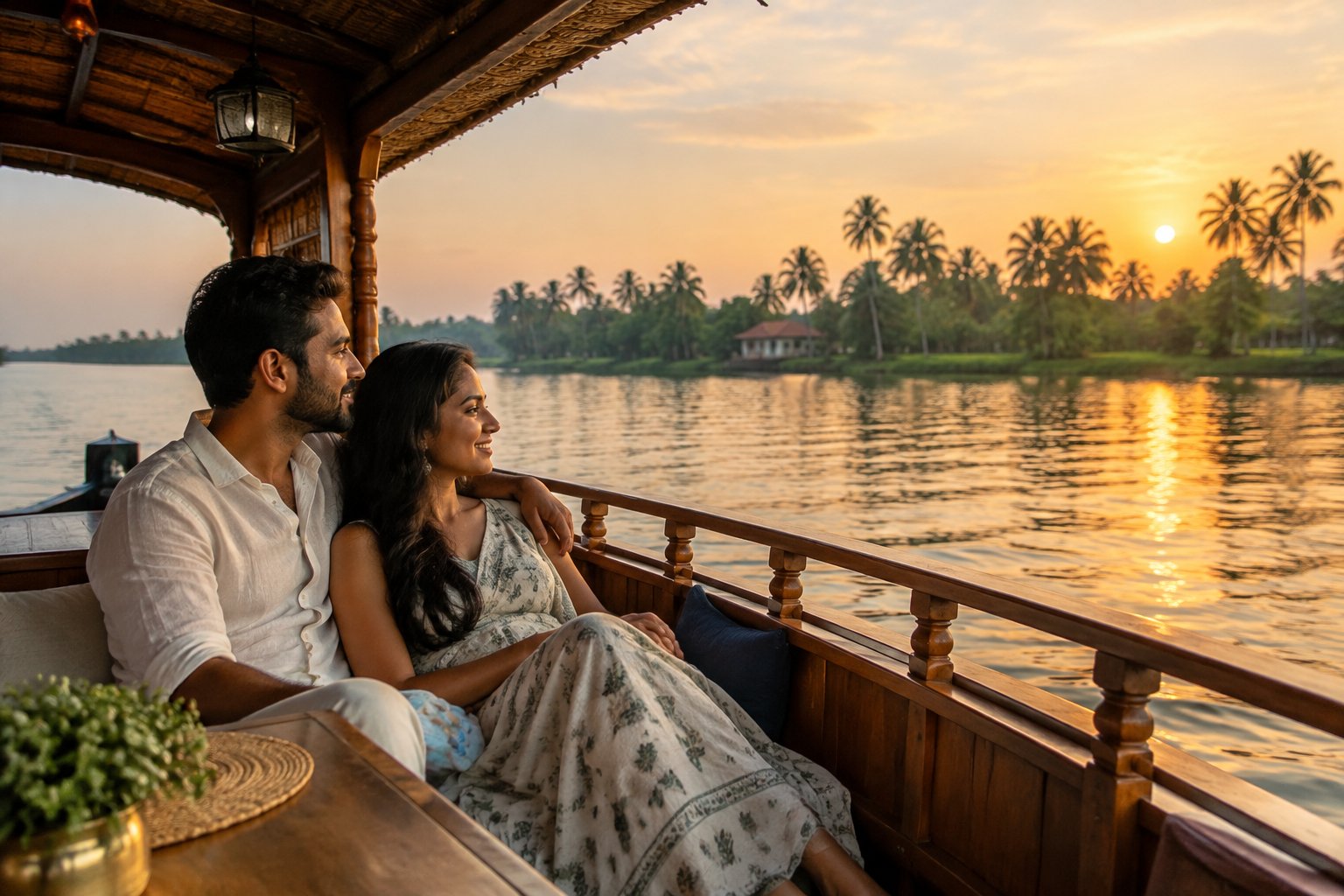 A couple enjoys a sunset boat ride on Kerala’s backwaters.