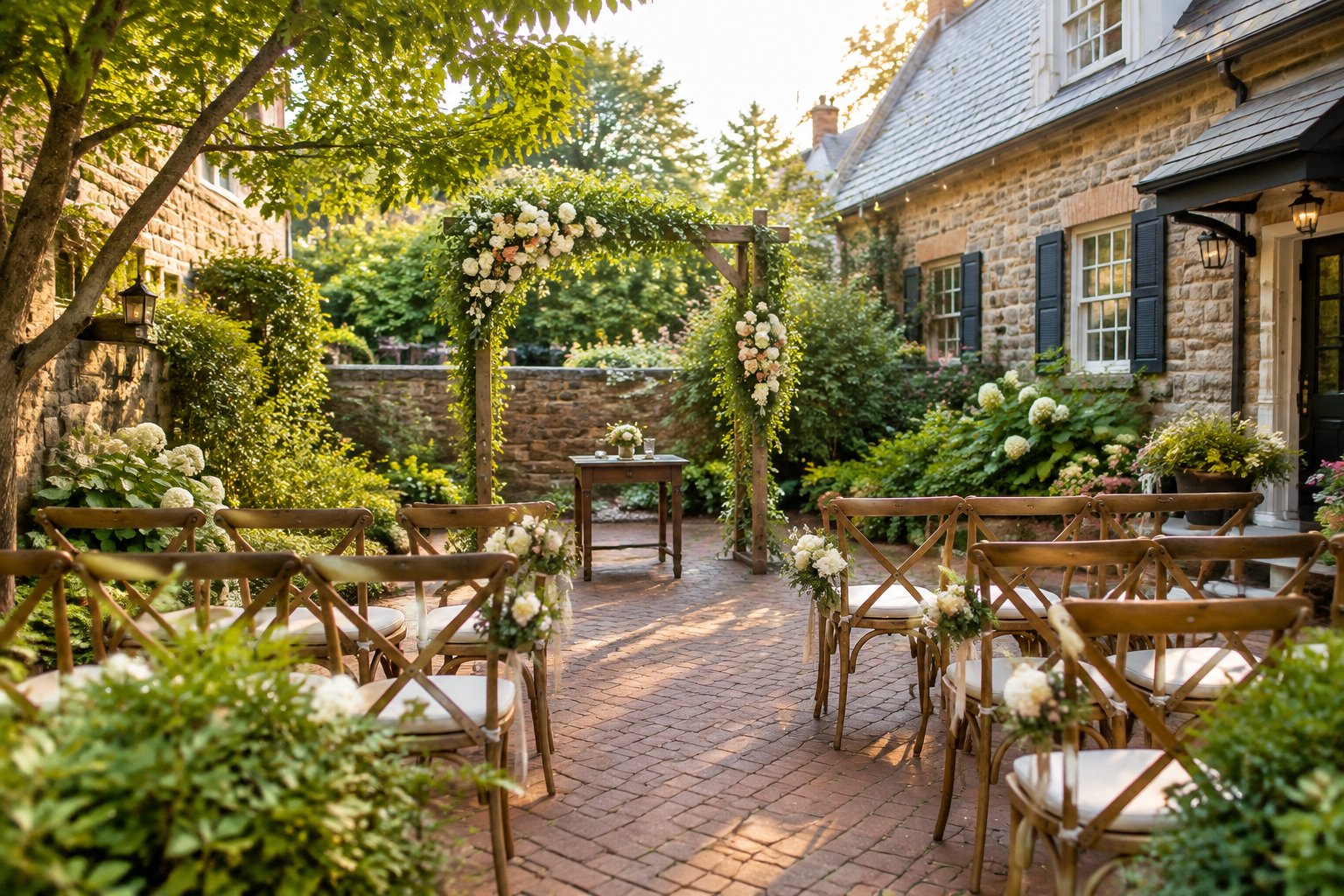 A small garden wedding venue set with chairs, flowers, and a ceremony arch.