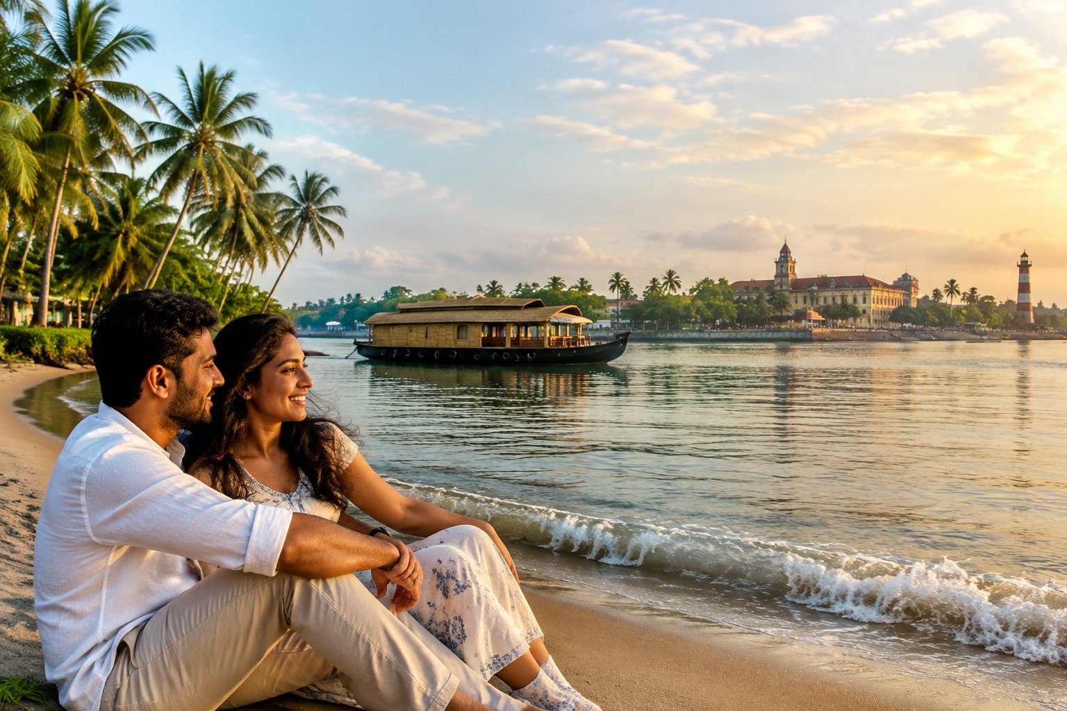 A couple strolls along a Kerala beach beside a houseboat.