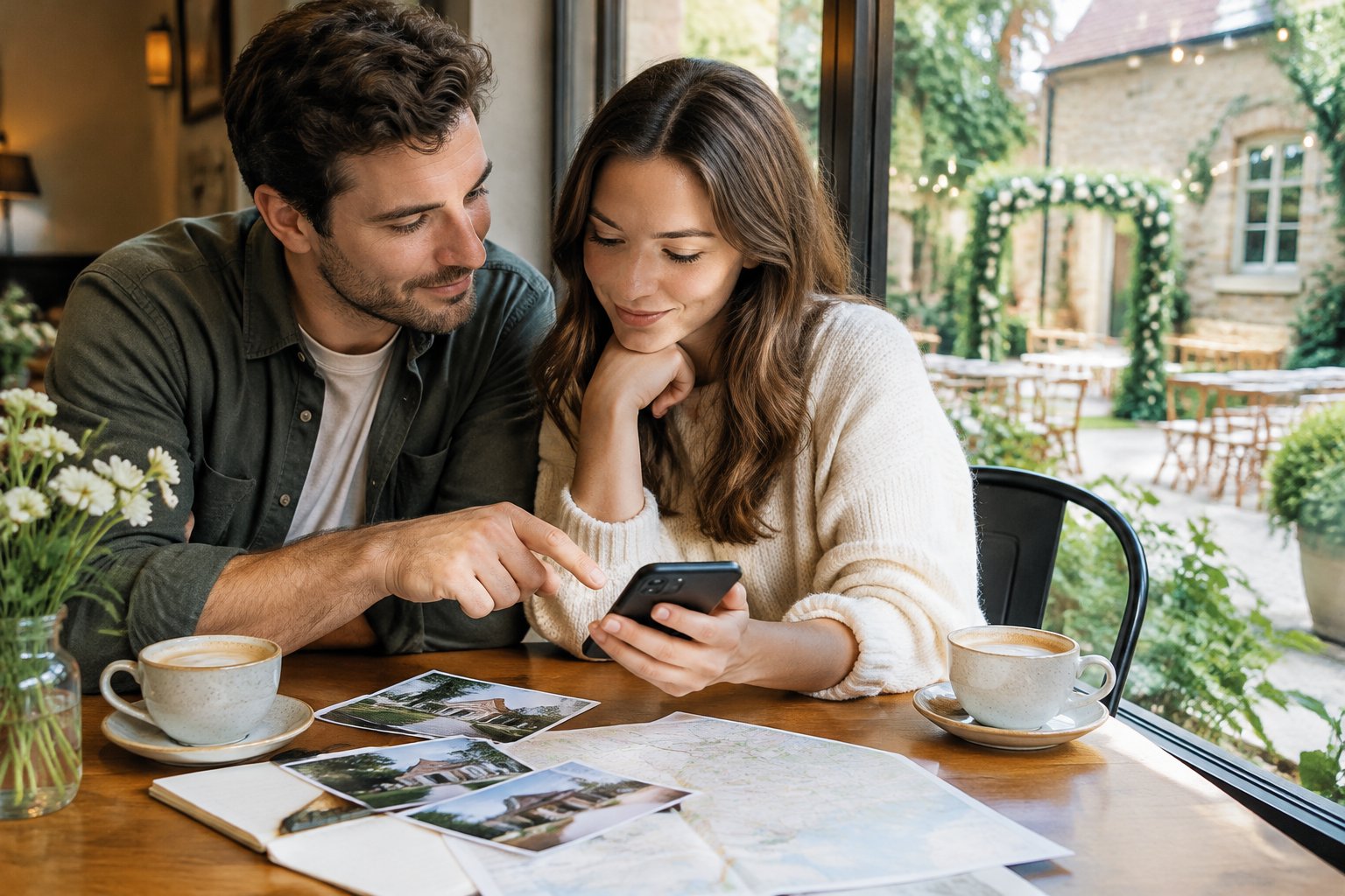 An engaged couple compares wedding venue photos and a map at a café.