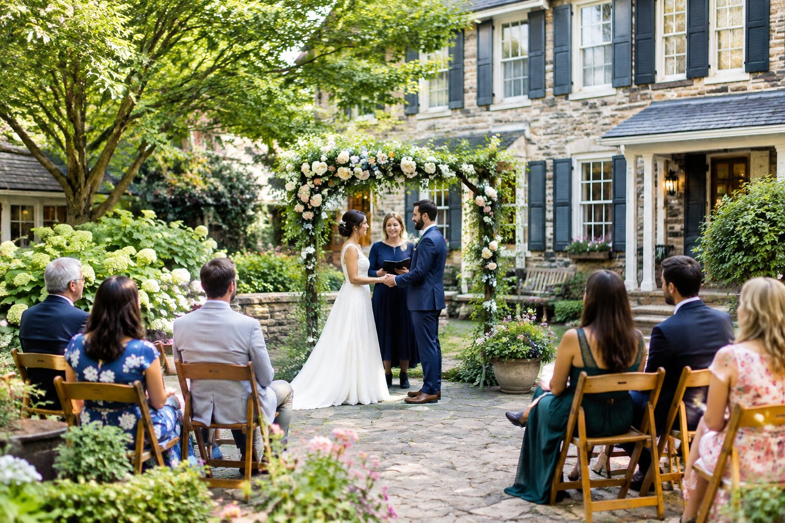 A couple exchanges vows beneath a floral arch in a garden courtyard as a small group of guests watches.