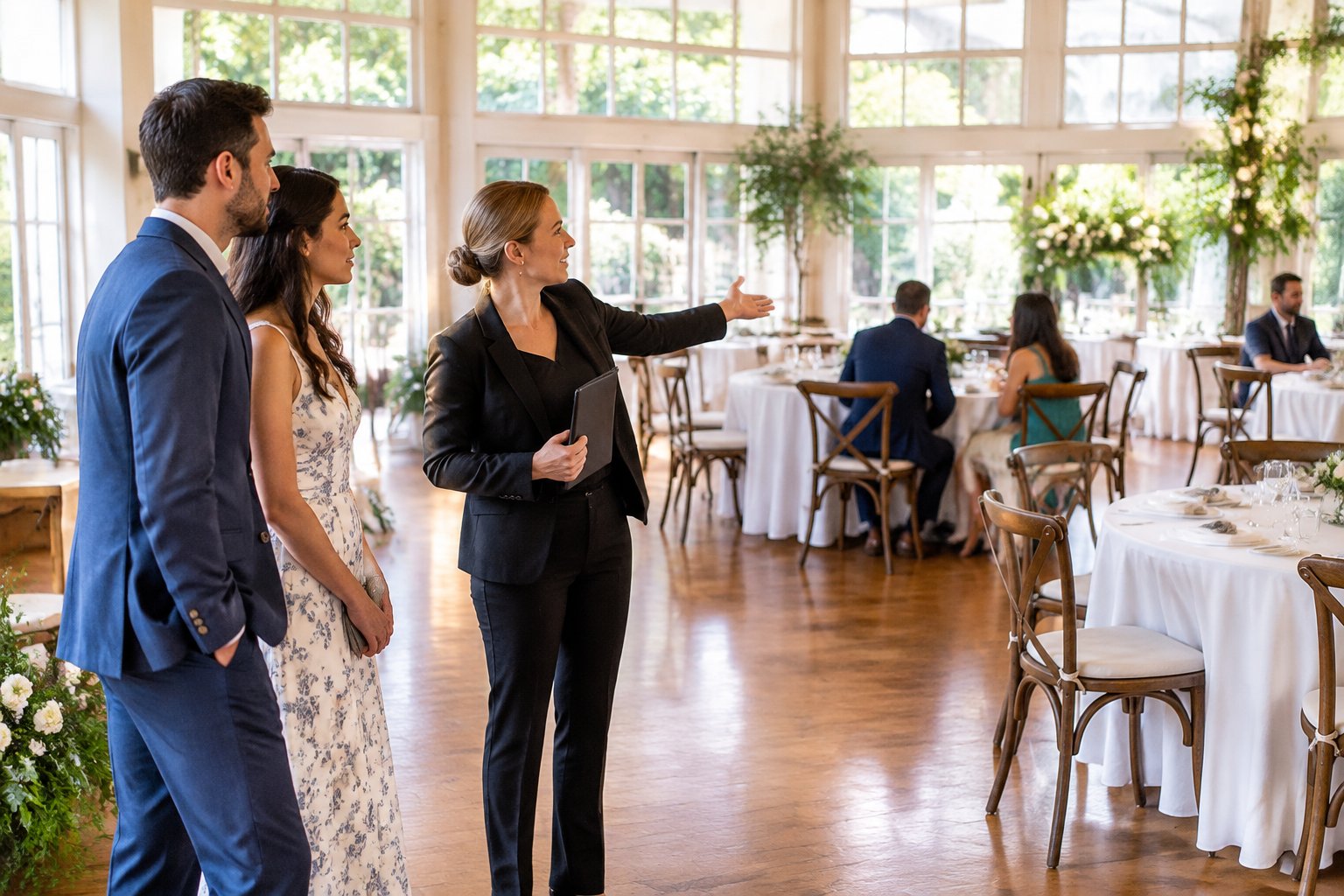 A couple and venue coordinator look over a small wedding reception space with seated guests.