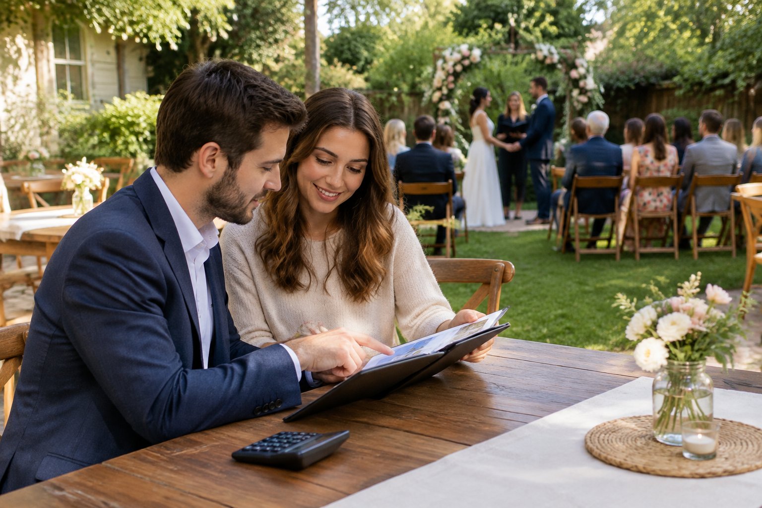 A couple reviews wedding venue options at a small garden ceremony.